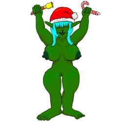 bad_art big_breasts blue_hair candy christmas christmas_headwear festive goblin goblin_female hair_covering_eyes hat long_ears long_hair self_upload shortstack simple_background solo transparent_background