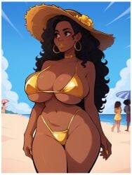 ai_generated beach beach_umbrella bikini black_eyes black_hair blue_sky breasts brown_eyes bystanders clouds cowboy_shot curly_hair dark-skinned_female dark_skin dark_skinned_female earrings female gold_bikini gold_choker gold_flower gold_hoop_earrings gold_lips gold_lipstick hat_flower hoop_earrings huge_breasts large_breasts lipstick long_hair looking_away luuna skindentation solo_focus sparrow_(artist_style) straw_hat thick_thighs