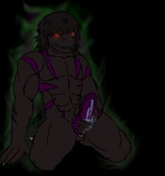 1boy abs anthro aura blue_cum colored_cum cum cum_on_hand digimon digital_media_(artwork) dokueki_wargreymon dragon food glowing glowing_cum glowing_eyes grin hair kneeling looking_at_viewer male male_only markings muscular muscular_male naughty_face nude penis purple_markings purple_penis reptile scalie sketch smile solo unusual_cum wargreymon