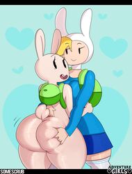 adventure_girls adventure_time anthro ass ass_dough ass_focus backpack bag bare_ass bare_hips big_ass big_butt big_hips blonde_hair bottomless breasts cartoon_network clothing colored_background couple deep_skin exposed_ass female female_only fionna_the_human_girl fur hair hips huge_ass huge_butt human lagomorph large_ass large_hips legwear lesbian light_hair looking_back mammal mob_face no_panties pattern_background plump_ass rabbit somescrub stockings teeth thick_thighs tongue white_fur wide_hips yuri