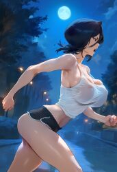 1girls ai_generated alternate_breast_size big_breasts black_hair bleach bouncing_breasts erect_nipples erect_nipples_under_clothes jogging kuchiki_rukia large_breasts lungart night nipple_bulge nipples nipples_visible_through_clothing outdoors outside see-through see-through_clothing see-through_shirt short_hair shorts tank_top