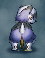 2018 anthro ass black_clothing black_hair black_nose black_shirt black_topwear blue_body blue_fur bottomless butt_dimples clothed clothing crouching feces feces_on_ground fur generation_7_pokemon hair jubb looking_back lycanroc male midnight_lycanroc nintendo pawpads pokemon pokemon_(species) pooping_on_floor red_eyes scat shiny_pokemon shirt signature tail topwear white_body white_fur white_hair white_tail