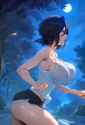 1girls ai_generated alternate_breast_size big_breasts black_hair bleach bouncing_breasts erect_nipples erect_nipples_under_clothes jogging kuchiki_rukia large_breasts lungart night nipple_bulge nipples nipples_visible_through_clothing outdoors outside see-through see-through_clothing see-through_shirt short_hair shorts tank_top