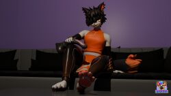 3d_(artwork) aak_(valorlynz) absurd_res animal_dildo animal_genitalia animal_sex_toy anthro armwear asian_clothing black_body black_clothing black_fur blender_(artwork) blender_cycles bottomwear claws clothed clothing digital_media_(artwork) dildo dolphin_shorts ear_piercing ear_ring equine_dildo equine_genitalia feet felid feline foot_focus fully_clothed fur furniture genitals hair hair_in_face handwear hi_res hotpants huge_filesize humanoid inner_ear_fluff inside legwear living_room looking_at_viewer lying male mammal messy_hair naughty_face on_front pawpads paws piercing ring_piercing rings_on_arms ruffzz sex_toy shorts sitting sleeveless_topwear sofa solo tail tuft valorlynz