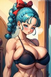 ai_generated alternate_breast_size bangs blue_hair blush bow bra_only bulma_(dragon_ball) bulma_briefs bulma_briefs bursting_breasts cleavage collarbone dragon_ball dragon_ball_z exposed_shoulders hairbow heavy_breathing huge_breasts midriff nervous ponytail sideboob skindentation stable_diffusion tampopo underboob