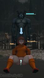 1boy 1girls 3d 3d_(artwork) anthro blender blender_(artwork) blender_(software) canine canine_genitalia canine_penis dialogue dont_bully_(artist) glowing_eyes glowing_genitalia glowing_penis imminent_rape imminent_sex scooby-doo_(series) text velma_dinkley werewolf