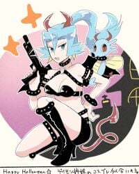 1girls blue_eyes blue_hair breasts clair_(pokemon) demon_horns demon_tail fake_wings fangs gun hand_on_own_hip holding_gun horsea leather_boots lingerie looking_at_viewer nail_polish nintendo on_one_knee pokemon pokemon_hgss red_nails shu_(witb_) spiked_bracelet spiked_collar spiked_thighlet