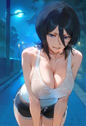 1girls ai_generated alternate_breast_size big_breasts black_hair bleach breasts breasts_squeezed_together breasts_visible_through_clothing cleavage erect_nipples erect_nipples_under_clothes kuchiki_rukia large_breasts leaning_forward lungart night nipple_bulge nipples nipples_visible_through_clothing outdoors outside see-through see-through_clothing see-through_shirt short_hair shorts tank_top