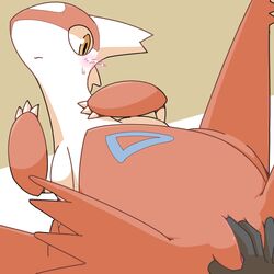 2017 blush crepix dragon female fingering latias legendary_pokémon nervous nintendo pokemon pokemon_(species) pussy simple_background solo sweat uncensored video_games wings yellow_eyes