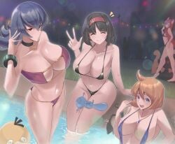 4girls bangs bikini black_hair black_swimsuit blue_eyes blue_hair blush bracelet breasts brown_hair calmgreentori choker clavicle cleavage closed_eyes clothing courtney_(pokemon) erika_(pokemon) eyepatch_bikini female grass hairband headwear high_resolution huge_breasts jewelry kasumi_(pokemon) large_breasts long_hair looking_at_viewer micro_bikini misty_(pokemon_hgss) multiple_girls navel necklace night one-piece_swimsuit open_mouth orange_hair outdoors pokemon psyduck red_eyes red_hairband sabrina_(pokemon) sabrina_(pokemon_hgss) short_hair smile standing swimsuit thighs torkoal v very_high_resolution w water wooper