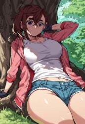 ai_generated ayase_momo big_breasts brown_hair civitai clothed_female dandadan dumptruck_ass dumptruck_butt earings fingerless_gloves hips_wider_than_shoulders huge_breasts jeans laying_down outdoors shoes slim_waist solo_female summer tank_top thick_thighs thunderthighs