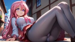 1girls ai_generated big_ass blue_eyes blush cameltoe glasses knees_up large_breasts leaning_back legs_together long_hair lucky_star miyuki_takara outdoors panties pantyhose pink_hair school_uniform serafuku shoes sitting skirt slim_waist thick_thighs tight_clothing upskirt wide_hips