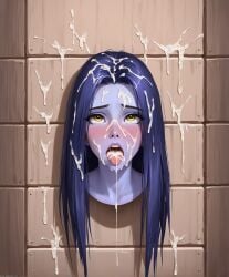 1girls ahe_gao ai_generated blush bukkake cum cum_in_mouth female glory_wall overwatch purple_skin tongue_out widowmaker young