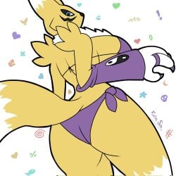 ass ass_focus big_ass big_breasts bikini breasts breasts_bigger_than_head claws game_freak huge_breasts kairasin looking_down nintendo pokemon pokemon_(species) purple_bikini renamon thick_ass white_fur yellow_body yellow_fur yin_yang yin_yang_symbol