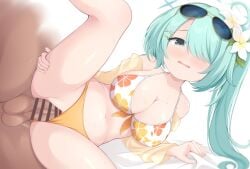 1boy aqua_hair bar_censor bikini blue_archive blush breasts censored cleavage commentary_request detached_sleeves eyewear_on_head female floral_print_bikini flower hair_flower hair_ornament hair_over_one_eye highres hiyori_(blue_archive) hiyori_(swimsuit)_(blue_archive) large_breasts leg_up lying maccha mosaic_censoring navel official_alternate_costume on_side open_mouth orange_bikini paid_reward_available pussy sex sheet_grab side_ponytail straight sunglasses swimsuit testicles vaginal_penetration