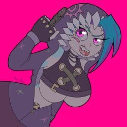 angry angry_face arcane big_breasts blue_hair breasts fair_skin flipping_off hoodie jinx_(league_of_legends) kairasin league_of_legends mad middle_finger multicolored_hair pink_eyes purple_hair sharp_teeth underboob unzipped_hoodie