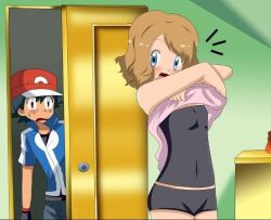 blush pokemon satoshi_(pokemon) serena_(pokemon) stripping taking_off_shirt