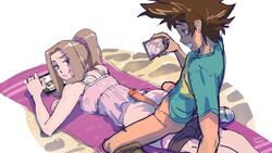 1boy brown_hair buttjob clothed_sex clothing cum cum_on_back cum_on_clothes digimon digimon_adventure_tri. erection female from_behind hot_dogging human kenno_arkkan kennoarkkan long_hair looking_back male mimi_tachikawa panties_pull pants_pull penis phone prone recording smile taichi_yagami uncensored