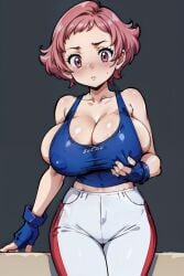 ai_generated alternate_breast_size big_breasts blush breasts bursting_breasts cleavage fingerless_gloves huge_breasts large_breasts maylene_(pokemon) nervous pants pink_eyes pink_hair pokemon pokemon_dppt sideboob simple_background stable_diffusion sweatdrop tampopo tank_top