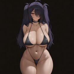 ai_generated arms_behind_back azur_lane black_bikini black_hair cowboy_shot curvy hi_res micro_bikini navel purple_eyes roxor simple_background smile solo wide_hips z11_(azur_lane)