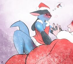 anthro aricks137 blue_body christmas clothing costume duo ears_down generation_4_pokemon grey_body hi_res holidays hybrid looking_at_another lucario male male/male nintendo passionate pink_nose pivoted_ears pokemon pokemon_(species) red_eyes santa_costume sitting_on_another size_difference smile snow