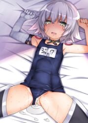 after_sex armpits assassin_of_black bandage bandaged_arm bed_sheet black_legwear blush commentary_request creampie cum cum_in_pussy cum_pool cumdrip drooling eyebrows_visible_through_hair eyes_visible_through_hair facial_scar fate/apocrypha fate_(series) female flat_chest green_eyes heart heart-shaped_pupils highres jack_the_ripper_(fate/apocrypha) looking_at_viewer lying name_tag nose_blush okina_ika on_back open_mouth petite scar scar_across_eye school_swimsuit short_hair silver_hair solo spread_legs sweat swimsuit swimsuit_aside symbol-shaped_pupils thighhighs