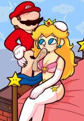 arm_around_partner big_penis blonde_hair blowjob blue_eyes blush bra cleavage clothed_male crown cute earrings elbow_gloves faceless_male female_focus garter_belt garter_straps hand_on_head krusha64612042 light-skinned_female lingerie long_hair looking_at_partner mario mario_(series) nintendo panties power_star princess_peach shorter_male taller_female thighhighs