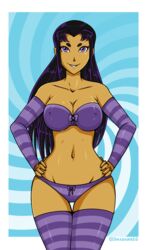 1girls 2d alien alien_girl alien_look_like_human black_hair blackfire bra breasts cleavage dc female female_only hourglass_figure komand'r looking_at_viewer navel nipples panties shadako26 solo straight_hair tamaranean tan-skinned_female tan_skin teen_titans thighhighs voluptuous