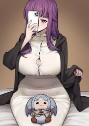 1girls bed_sheet big_breasts black_robe breasts button_gap cellphone character_doll contemporary covered_navel dress female fern fern_(sousou_no_frieren) frieren holding holding_phone huge_breasts looking_at_viewer nago_purin one_eye_covered phone purple_eyes purple_hair robe sitting solo sousou_no_frieren taut_clothes taut_dress white_dress