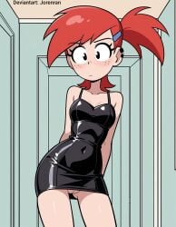 ai_generated black_dress cartoony dress female_only frankie_foster hoeyuga jorenran nervous no_panties pussy red_hair shy standing