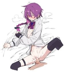 1boy azuma_shino bed_sheet black_bow blouse bow braid bruise closed_mouth female flat_chest hairbow heavy_breathing injury long_braid long_hair long_sleeves nia_(azuma_shino) nipples original purple_bow purple_eyes purple_hair sex sheet_grab shirt thighhighs white_background white_shirt