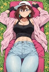 ai_generated anime ayase_momo brown_hair cap civitai clothed_female dandadan earrings fingerless_gloves forest grass grass_field hourglass_figure jacket_open jeans laying_on_back medium_breasts outdoors outside suprised_look