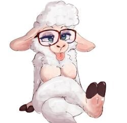 2_toes anthro bodily_fluids bovid breasts caprine crossed_legs dawn_bellwether disney drooling eyewear eyewear_only feet female foot_focus glasses glasses_only green_eyes hi_res mammal nipples nude pawfunk_(artist) saliva sheep simple_background sitting solo toes tongue tongue_out wearing_glasses white_background zootopia