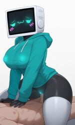 ai_assisted black_body blush bottomless breasts female glowing hoodie knightnyan minbitt pussy robot_girl sex thighhighs tv tv_head white_background