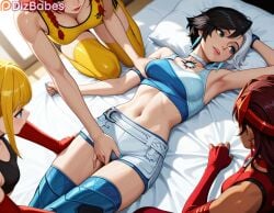 4girls ai_generated angela_(aldrif_odinsdottir) bed bedroom black_and_white_hair black_hair blonde_hair blue_eyes breast_grab cleavage dark-skinned_female dizbabes female fingering_through_clothes grope groping groping_breasts group_sex illyana_rasputin imminent_sex luna_snow luna_snow_(marvel_rivals) lying magik_(illyana_rasputin) magik_(marvel_rivals) marvel marvel_rivals midriff multicolored_hair multiple_girls navel on_back on_bed red_hair scarlet_witch scarlet_witch_(marvel_rivals) short_hair shorts solo_focus stable_diffusion video_game_character video_games wanda_maximoff white_hair yuri