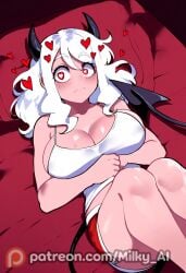 1boy 1girls ai_generated bedroom big_ass big_breasts camisole demon demon_girl demon_horns dolphin_shorts from_above heart-shaped_pupils hi_res lying_on_back lying_on_bed milky_ai modeus_(helltaker) portrait red_eyes red_shorts surprised surprised_expression surprised_face thick_thighs white_camisole white_hair