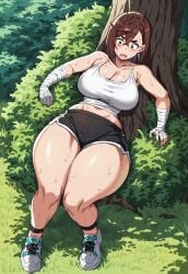 ai_generated anime ayase_momo bandage bleeding brown_hair bruised civitai clothed clothed_female dandadan earings forest gloves hotpants hourglass_figure huge_breasts looking_at_viewer looking_back mini_giantess outdoors outside sleeping slim_waist smiling sweat sweating tank_top thick_thighs thunder_thighs wounded