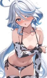 1girls ai_generated bikini blue_eyes blush breasts cow_bikini cow_girl cow_print cowkini embarrassed furina_(genshin_impact) genshin_impact small_breasts solo trembling