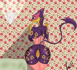 anthro anus ass big_breasts big_butt breasts clothing corset feline female green_eyes liepard lingerie mammal nintendo pokemon purple_fur pussy sockets video_games