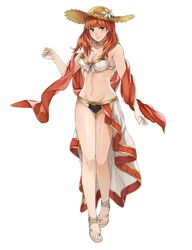 1girls beach bikini breasts celica_(fire_emblem) cleavage female fire_emblem fire_emblem_echoes:_shadows_of_valentia fire_emblem_gaiden flower front-tie_bikini_top front-tie_top full_body hat hat_flower highres jewelry kamu_(kamuuei) long_hair looking_at_viewer medium_breasts navel orange_eyes orange_hair red_hair sandals shawl simple_background smile solo standing straw_hat summer swimsuit toes white_background