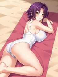 ai_generated ass azuma_marina beach beach_towel big_ass big_breasts huge_ass isogil kashidashi_tsuma_marina_no_"netorase"_houkoku_binkan_tsuma_to_zetsurin_daigakusei looking_at_viewer purple_hair sexy_pose towel white_swimsuit yellow_eyes