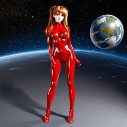 1girls ai_generated blue_eyes bodysuit breasts brown_hair covered_navel full_body hair_ornament hand_on_own_thigh headgear impossible_clothes interface_headset latex latex_bodysuit lips long_hair looking_at_viewer medium_breasts orange_hair pilot_suit planet plugsuit red_bodysuit science_fiction shadow shiny_clothes skin_tight solo space standing two_side_up