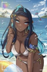 alternate_breast_size armlet artist_name bare_shoulders beach bikini black_hair blue_eyes blue_eyeshadow blue_hair blue_sky blush breasts choker cleavage commentary dark-skinned_female dark_skin earrings eyeliner eyeshadow female hair_bun highres hoop_earrings jewelry large_breasts leaning_forward long_hair looking_at_viewer makeup milotic multicolored_hair navel necklace nessa_(pokemon) patreon_username pokemon pokemon_(creature) pokemon_swsh ryuuneart shore sidelocks single_hair_bun sky solo swimsuit thighs twitter_username two-tone_hair variant_set watermark white_bikini