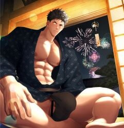 1boy amber_eyes bara beard_stubble beefy big_areola big_breasts big_bulge big_hands black_fundoshi black_hair blush bright bulge bulge_through_clothing censor_bar censored censored_genitalia censored_penis clothed collarbone crossed_legs fireworks frown fundoshi gay genital_outline hi_res hunk indoors japanese_house looking_at_viewer male male_breasts male_only manly mature_male meisho_hanten muscles muscular muscular_legs muscular_male muscular_thighs night open_clothes oppai original original_character pecs pine_tree pubic_hair rokushaku_fundoshi short_hair sitting sliding_doors solo summer sweat sweatdrop thick_thighs tough_guy v-shaped_eyebrows very_high_resolution wide_shoulders wind_chime yaoi yukata