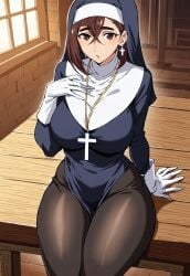 ai_generated ayase_momo brown_hair catholic church church_interior civitai clothed_female dandadan earings hourglass_figure huge_breasts nun thick_thighs thunder_thighs tight_clothing