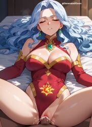 ai_generated big_breasts big_penis blue_hair breath closed_eyes cosplay costume cum cum_in_pussy cum_inside cumshot earrings hips missionary_position thick_thighs