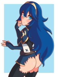 ass blue_eyes blue_hair chemical_bro exposed_ass female fingerless_gloves fire_emblem fire_emblem_awakening frown gloves long_hair looking_back lucina_(fire_emblem) nintendo solo tiara torn_clothes