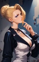 1girls ai_generated big_breasts blonde_hair blue_eyes building busty clothed collar curvaceous dress earrings female hair_bun king_of_fighters light-skinned_female light_skin long_hair mature_(kof) natural_breasts one_eye_covered one_eye_obstructed pale-skinned_female pale_skin soft_breasts voluptuous voluptuous_female white_skin