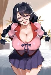 ai_generated bakemonogatari bed bedroom bent_over big_breasts black_hair braided_twintails cleavage covered_nipples erect_nipples erect_nipples_under_clothes glasses half-closed_eyes hanekawa_tsubasa huge_breasts large_breasts leaning_forward looking_at_viewer monogatari_(series) nipple_bulge nipples school_uniform seductive_look seductive_smile solo tharkica twin_braids twintails