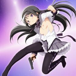 1girls action_pose ai_generated akemi_homura almost_naked almost_nude argyle_legwear black_hair exploding_clothes female female_only flat_chest gun half_naked japanese_female magical_girl mahou_shoujo_madoka_magica nipples pink_nipples pistol pistol_in_hand puella_magi_madoka_magica purple_background small_breasts tearing_clothes teenage_girl teenage_tits teenager weapon young